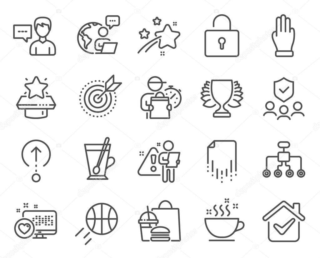 Line icons set. Included icon as People insurance, Tea mug, Coffee cup signs. Recovery file, Person talk, Basketball symbols. Winner, Lock, Winner podium. Restructuring, Three fingers. Vector