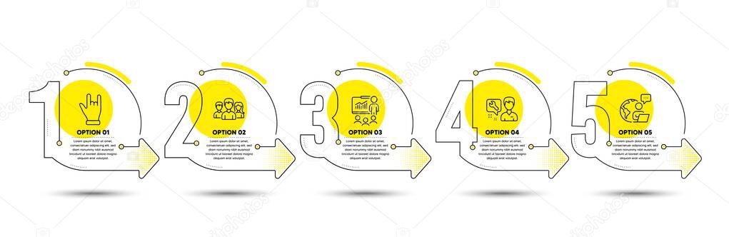 Teamwork, Repairman and Presentation line icons set. Timeline process infograph. Horns hand sign. Group of users, Repair service, Business conference. Gesture palm. People set. Vector