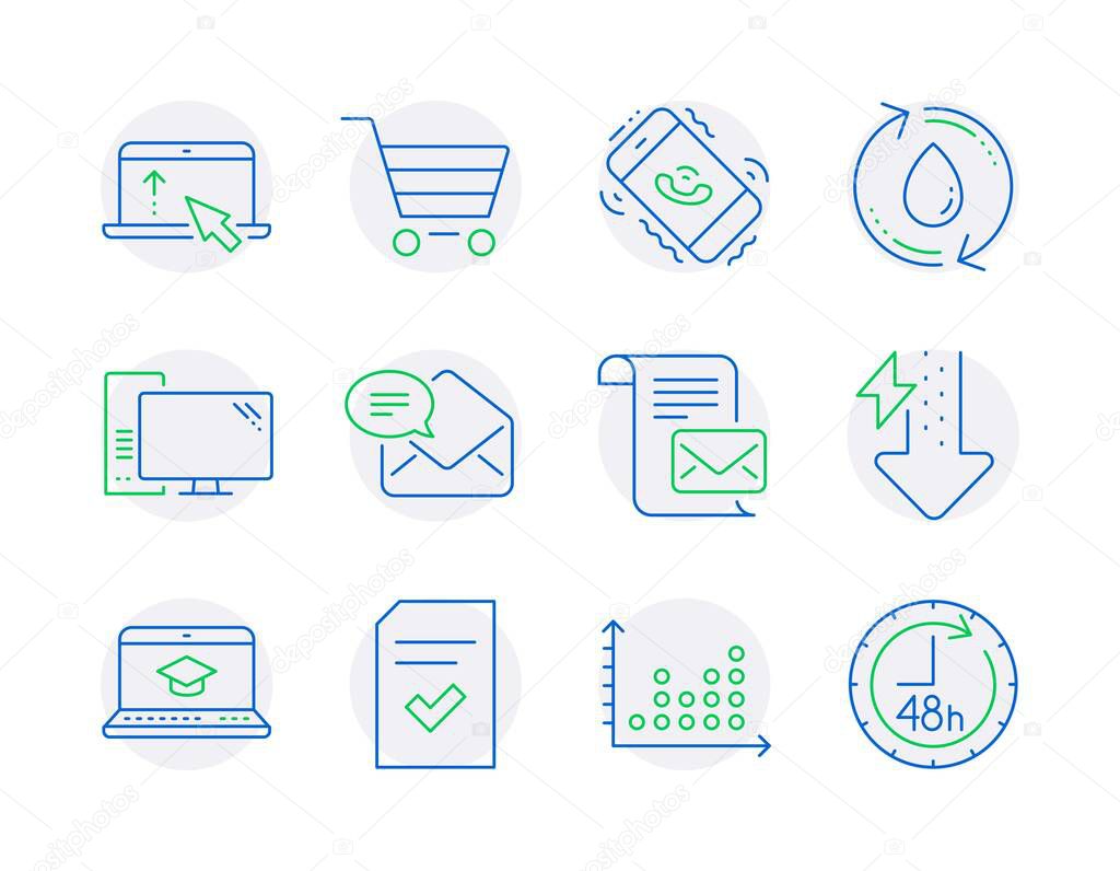 Technology icons set. Included icon as Market sale, Checked file, Dot plot signs. Website education, Computer, Swipe up symbols. Mail letter, Energy drops, Call center. Refill water. Vector
