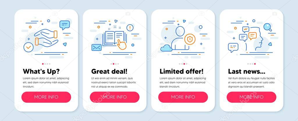 Set of People icons, such as Technical documentation, Security, Helping hand symbols. Mobile app mockup banners. Messages line icons. Manual, Person protection, Charity palm. Notifications. Vector