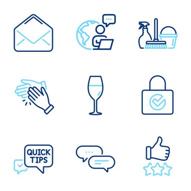 İş simgeleri ayarlandı. Hızlı ipuçları olarak simge, el çırpma, şarap kadehi işaretleri dahil. Derecelendirme yıldızları, şifreleme, posta sembolleri. Ev servisi, Dots mesaj çizgisi simgeleri. Satır simgeleri ayarlandı. Vektör