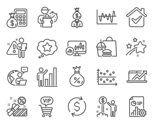 Finance icons set. Included icon as Stock analysis, Loan, Finance calculator signs. Report, Sale, Manager symbols. Dot plot, Graph chart, Income money. Candlestick chart, Vip shopping. Vector