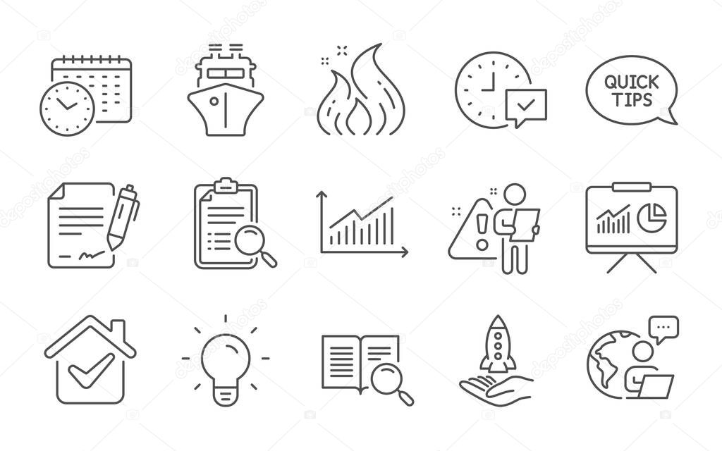 Calendar time, Graph and Crowdfunding line icons set. Select alarm, Ship and Fire energy signs. Search analysis, Presentation and Light bulb symbols. Line icons set. Vector