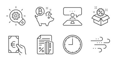 Satış, röportaj işi ve finans hattı simgeleri ayarlandı. Rüzgârlı hava, zaman ve çark işaretleri. Bitcoin para, kredi kartı sembolleri. İndirim, danışmanlık, nakit. İş seti. Kaliteli çizgi simgeleri. Vektör
