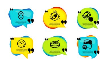 Yukarı kaydırın, 360 derece ve 24 saat simgeleri basit. Tırnak içinde konuşma balonu. Grafik çizelgesi, kapsül hapı ve artırılmış gerçeklik işaretleri. Kaydırma sayfası, tam dönüş, zaman. Vektör