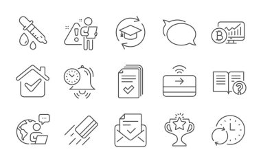 Konuşma balonu, Zafer ve Zaman yönetim çizgisi simgeleri ayarlandı. Temassız ödeme, devam eden eğitim ve kredi kartı tabelaları. Kimya pipeti, güncelleme zamanı ve onaylanmış posta sembolleri. Vektör