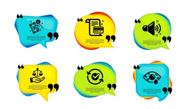 Gürültülü ses, Onaylanmış ve Ödeme Kartı simgeleri basit. Tırnak içinde konuşma balonu. Ödeme yöntemi, adalet terazisi ve göz iltihabı belirtileri. Müzik, Refresh sembolü, anlaşma koşulları. Vektör