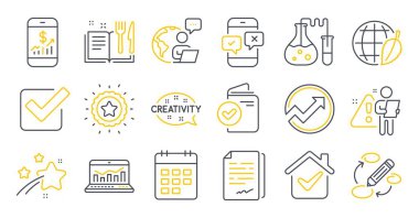 Denetim, Yemek Kitabı, Telefon Anketi sembolleri gibi bir dizi eğitim ikonu. Belge imzası, İşaretleme Kutusu, Doğrulama belgesi imzaları. Yaratıcılık, Takvim, Anahtar Kelimeler. Kimya laboratuvarı. Vektör
