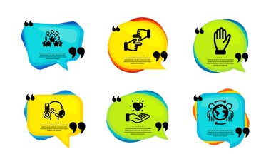 El, Tıklayın ve İş Buluşma simgeleri basit bir set. Tırnak içinde konuşma balonu. Kalbi tut, Hasta Adam ve Küresel İş İşaretleri. El sallayan avuç içi, yön, derecelendirme yıldızı. Vektör