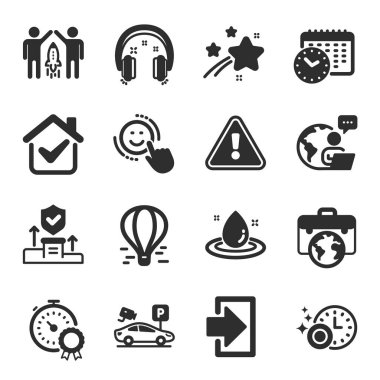 Bulaşık makinesinin zamanlayıcısı, hava balonu, iş adamı çantasının sembolleri gibi bir dizi teknoloji ikonu. Yakıt enerjisi, güvenlik ajansı, park güvenliği işaretleri. Takvim zamanı, ortaklık, en iyi sonuç. Vektör