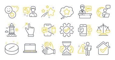 Bir dizi çizgi simgesi, Deniz feneri, adalet terazisi, gülümseme sembolleri gibi. Resepsiyon, servis, defter tabelaları. Artırılmış gerçeklik, dokunmatik ekran jesti, tamirci. Tıbbi tablet, kum saati. Vektör