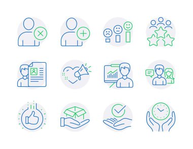 İnsan simgeleri ayarlandı. Sunum olarak simge dahil edildi, kullanıcıyı sil, Müşteri memnuniyet işaretleri. Aşk mesajı, Onaylandı, Kutu Simgelerini Tutun. İnsanlar el, iş görüşmesi gibi şeyler konuşuyorlar. Kullanıcı ekle. Vektör