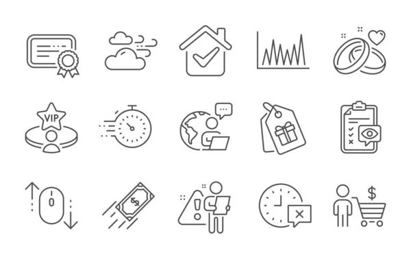 スクロールダウン 時間とVipテーブル行のアイコンが設定されます 高速支払い ライングラフと証明書の兆候 買い手 目のチェックリストと風の天候のシンボル 結婚指輪 タイマー クーポン ベクトル — ストックベクタ