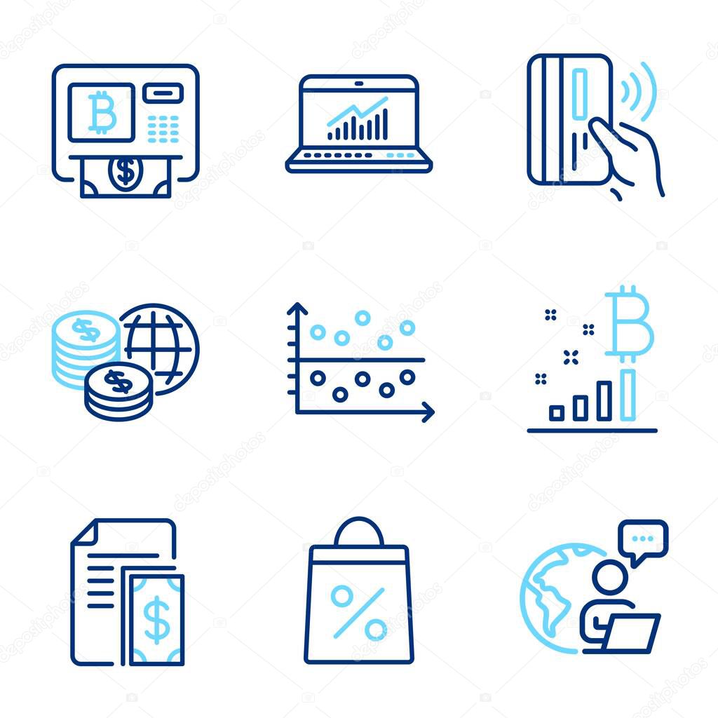 Finance icons set. Included icon as Dot plot, World money, Bitcoin graph signs. Contactless payment, Bitcoin atm, Online statistics symbols. Shopping bag, Payment line icons. Line icons set. Vector