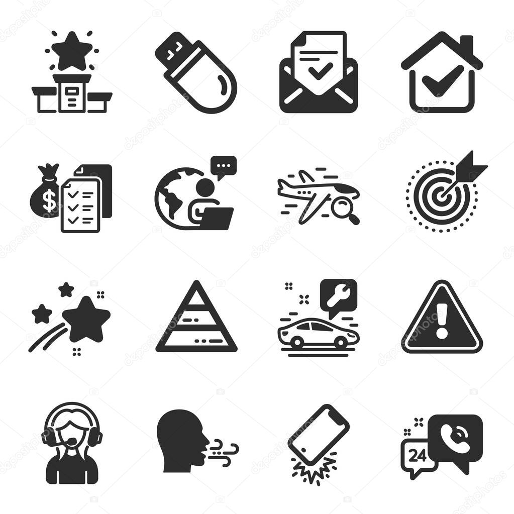 Set of Technology icons, such as Usb stick, Approved mail, Smartphone broken symbols. Support, Pyramid chart, Target purpose signs. Car service, Search flight, Accounting wealth. Vector