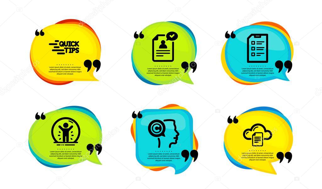 Writer, Education and Resume document icons simple set. Speech bubble with quotes. Checklist, Recovered person and File storage signs. Copyrighter, Quick tips, Application. Vector