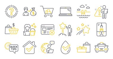 Set of Business icons, such as Dermatologically tested, Reject web, Sallary symbols. Sale bags, Gifts, Taxi signs. Crane claw machine, Quick tips, Swimming pool. Headhunter, Cleaning, Star. Vector clipart