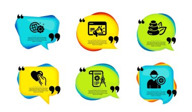 Bölme belgesi, Seo teçhizatı ve kalp simgelerini basit tutun. Tırnak içinde konuşma balonu. Spa taşları, Seo Pazarlama ve Mühendis tabelaları. Rapor dosyası, web ayarları, arkadaşlık. Vektör