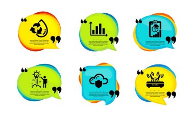 Diyagram grafiği, yaratıcı fikir ve rapor simgeleri basit bir set. Tırnak içinde konuşma balonu. Bulut koruması, geri dönüşüm suyu ve Wifi işaretleri. Sunum çizelgesi, Startup, Depo güvenliği. Vektör