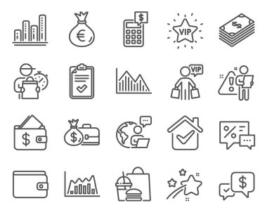 Finans simgeleri ayarlandı. Hesap makinesi olarak simge, grafik çizelgesi, Vip yıldız işaretleri dahil. Bilgi grafiği, ödenmiş ödeme, para çantası sembolleri. İndirim, para cüzdanı, Vip alışverişi. Kontrol listesi. Vektör