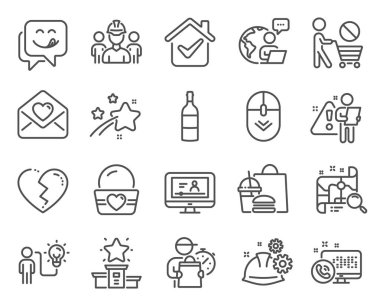 İş simgeleri ayarlandı. Lezzetli bir gülümseme, Mühendislik takımı, dondurma tabelaları. Alışveriş yapmayı, iş fikrini, çevrimiçi video sembollerini durdurun. Çalışma süreci, aşk mektubu, internet araması. Arama haritası. Vektör