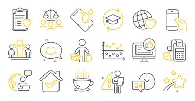 Eğitime devam etmek, video gibi, gülümseme sohbet sembolleri gibi iş simgeleri. Akıllı telefon, Alıcı, 24 saat hizmet işareti. Arkadaş dünyası, Dot planı, Smartphone su geçirmez. Kahve fincanı. Vektör