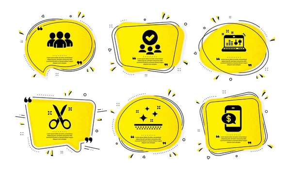 核准的组 组和声音检查图标简单设置 黄色的语音气泡 有斑点效果 清洁皮肤和电话付款标志 团队合作 Dj控制器 — 图库矢量图片