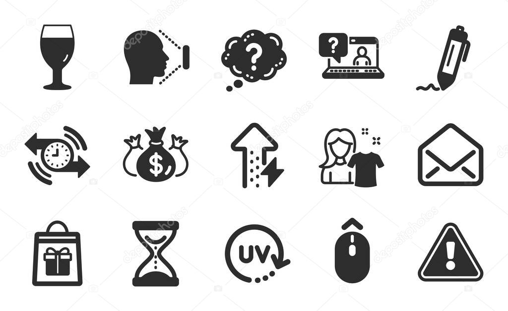 Timer, Swipe up and Faq icons simple set. Energy growing, Mail and Check investment signs. Signature, Holidays shopping and Time hourglass symbols. Question mark, Clean shirt and Face id. Vector