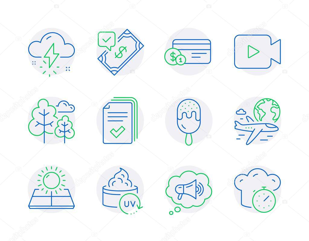 Business icons set. Included icon as Payment method, Megaphone, Thunderstorm weather signs. Video camera, Uv protection, Handout symbols. International flight, Sun energy, Accepted payment. Vector