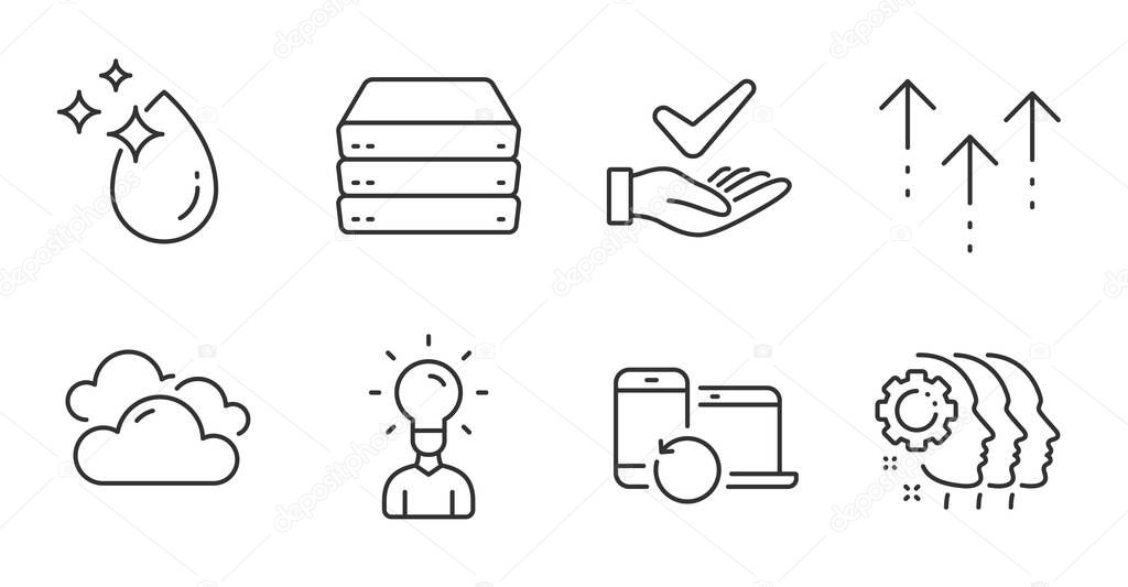 Servers, Education and Recovery devices line icons set. Water drop, Swipe up and Dermatologically tested signs. Cloudy weather, Employees teamwork symbols. Big data, Human idea, Backup data. Vector