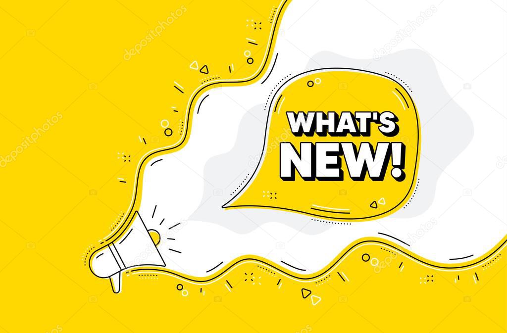 Whats new symbol. Loudspeaker alert message. Special offer sign. New arrivals symbol. Yellow background with megaphone. Announce promotion offer. Whats new bubble. Vector