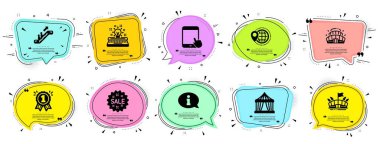 İş simgeleri ayarlandı. Konuşma balonu pankart sunuyor. Vektör kupon kartı. Arena olarak simge, daktilo, ödül işareti. Arena Stadyumu, Tablet PC, Dünya Seyahat Sembolleri. Vektör