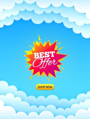 En iyi teklif etiketi. Mesaj içeren bulutlu gökyüzü arkaplanı. İndirimli afiş şekli. İndirim kuponu ikonu. En iyi reklam kuponu bulut afişi. En iyi teklif rozet şekli. Mavi gökyüzü arka planı. Vektör