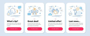 Smartphone holding, Face id, ekonomi sembollerini paylaşma gibi bir takım ikonlar. Mobil ekran pankartları. Ajan çizgi simgeleri. Telefon, kimlik tespiti, paylaşım. İş adamı. Vektör