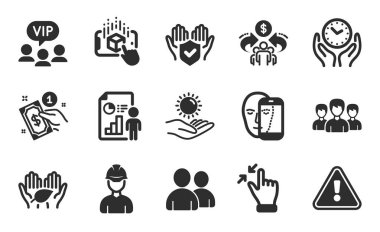 Güneş koruması, adil ticaret ve ödeme yöntemi basit simgeler. Kullanıcılar, dokunmatik ekran jesti ve iş raporları. Ekonomi paylaşımı, güvenli zaman ve yüz biyometrik sembolleri. Düz simgeler ayarlandı. Vektör