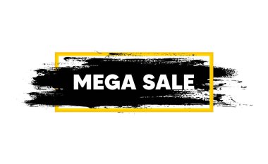 Mega Satış. Kutu çerçevesinde fırça darbesi. Özel fiyat tabelası. Reklam indirimi sembolü. Boya fırçası mürekkep sıçrama pankartı. Mega satış rozeti şeklinde. Grunge siyah suluboya pankartı. Vektör