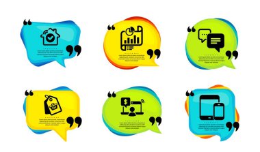 Nokta mesajı, ev güvenliği ve indirimli etiket simgeleri. Tırnak içinde konuşma balonu. Çevrimiçi alışveriş, rapor belgesi ve mobil cihaz işaretleri. Sohbet balonu, akıllı ev, alışveriş arabası. Vektör