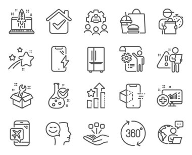 Teknoloji simgeleri ayarlandı. Spanner olarak simge, kimya laboratuvarı, sıralama yıldızları işaretleri. Uçuş modu, 360 derece, iş sembollerini başlat. Buzdolabı, gelişmiş gerçeklik, mühendislik ekibi. Vektör