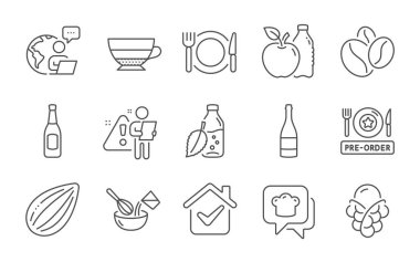 Bira, Americano ve dondurma çizgisi ikonları. Sipariş öncesi yemek, kahve çekirdekleri ve şampanya şişesi tabelaları. Elma, badem fıstığı ve yemek pişirme şapkası sembolleri. Satır simgeleri ayarlandı. Vektör