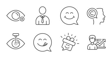 Başarı işi, gülen surat ve gülümseme çizgisi simgeleri. Göz lazeri, insan ve yazar işaretleri. Uzaklık sembolü. Büyüme grafiği, sohbet, hediye kutusu. İnsanlar hazır. Kaliteli çizgi simgeleri. Vektör