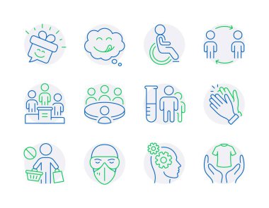 İnsan simgeleri ayarlandı. İş podyumu, tıbbi maske, tıbbi analiz tabelaları gibi ikonlar da dahil. Alışverişi, lezzetli gülümsemeyi, düşünce sembollerini bırak. El çırpıyor, engelli, gülümsüyor. Toplantı, Workflow. Vektör