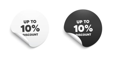 Yüzde 10 'a kadar indirimli. Üzerinde mesaj olan yuvarlak çıkartma. Satılık fiyat tabelası. Özel teklif sembolü. Yüzde 10 tasarruf et. Çember çıkartma afişi. İndirimli rozet şekli. Vektör