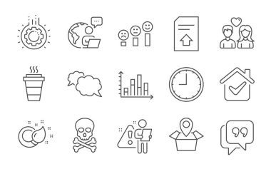 Dosya yükle, aktarım balonu ve boya fırçası çizgisi simgeleri ayarlandı. Haberci, Kimyasal Tehlike ve Paket Servis tabelaları. Diyagram grafiği, paket konumu ve zaman sembolleri. Satır simgeleri ayarlandı. Vektör