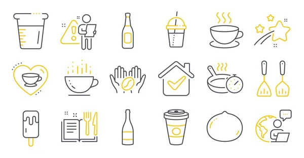 Set of Food and drink icons, such as Champagne bottle, Cooking cutlery, Recipe book symbols. Cappuccino, Coffee cocktail, Coffee cup signs. Frying pan, Macadamia nut, Cooking beaker. Beer. Vector