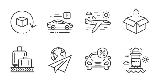 Gepäckausgabe Auto Leasing Und Papierflugzeuglinie Symbole Gesetzt Rückfahrtspaket Parkplätze Und — Stockvektor