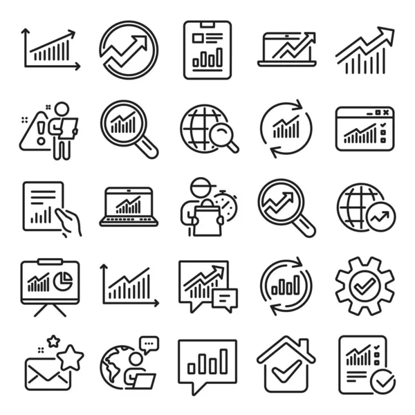 Analytics Icone Delle Linee Statistiche Serie Icone Grafico Documento Report — Vettoriale Stock