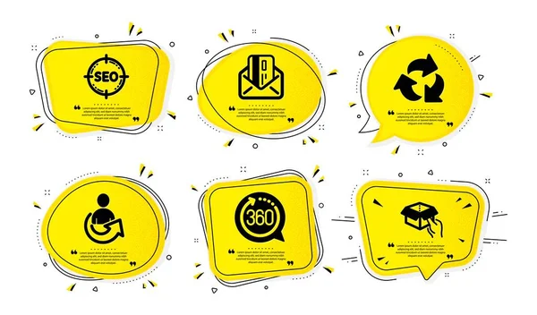 360度 循环和Seo图标设置简单 黄色的语音气泡 有斑点效果 信用卡和保管箱标志 全轮转 回收废物 搜索目标 — 图库矢量图片