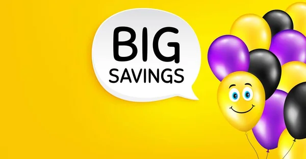 大きな節約だ スマイルバルーンベクトルの背景 特別オファー価格記号 広告割引記号 誕生日気球の背景 大規模な貯蓄スピーチバブル 黄色のバナーを祝う ベクトル — ストックベクタ