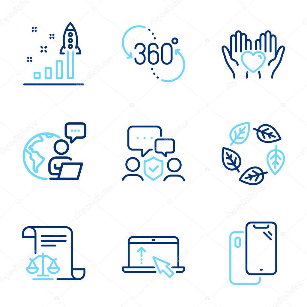 Business icons set. Included icon as Organic tested, Smartphone, Hold heart signs. Legal documents, Swipe up, 360 degree symbols. Development plan, Security agency line icons. Line icons set. Vector