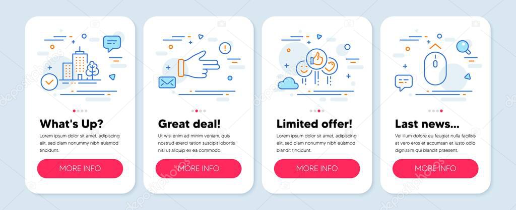 Set of Business icons, such as Like, Skyscraper buildings, Click hand symbols. Mobile screen app banners. Swipe up line icons. Social media likes, Town architecture, Direction finger. Vector
